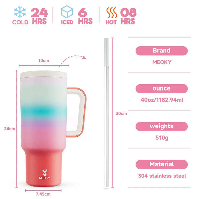 KIMLUD, Meoky 40oz Tumbler Handle Straw Thermos Cup Multiple Prints Stainless Steel Bottle Vacuum Insulated Car Mug Best Christmas Gifts, Sunset / 40oz 1182ml, KIMLUD APPAREL - Womens Clothes