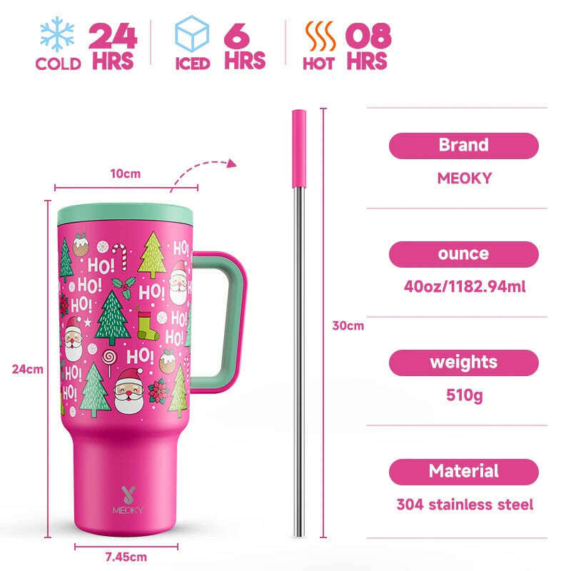 KIMLUD, Meoky 40oz Tumbler Handle Straw Thermos Cup Multiple Prints Stainless Steel Bottle Vacuum Insulated Car Mug Best Christmas Gifts, Pink Christmas / 40oz 1182ml, KIMLUD APPAREL - Womens Clothes