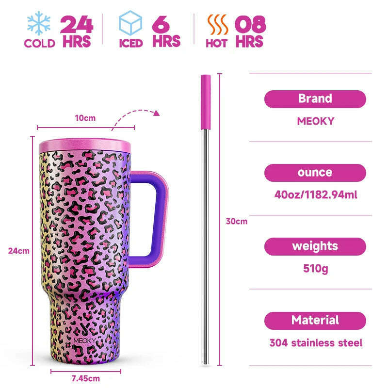 KIMLUD, Meoky 40oz Tumbler Handle Straw Thermos Cup Multiple Prints Stainless Steel Bottle Vacuum Insulated Car Mug Best Christmas Gifts, Rainbow Leopard / 40oz 1182ml, KIMLUD APPAREL - Womens Clothes