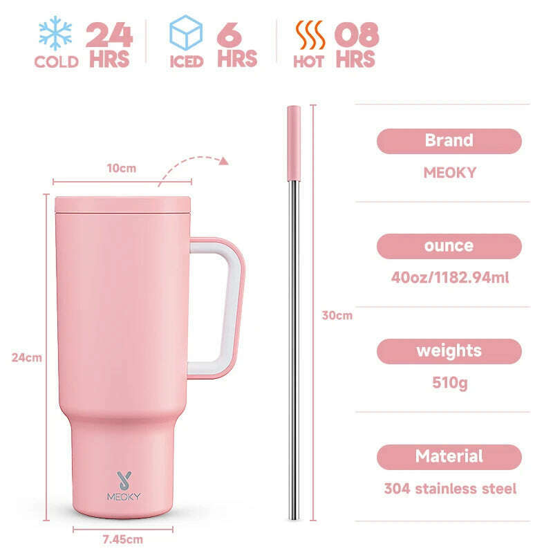 KIMLUD, Meoky 40oz Tumbler Handle Straw Thermos Cup Multiple Prints Stainless Steel Bottle Vacuum Insulated Car Mug Best Christmas Gifts, Light Pink / 40oz 1182ml, KIMLUD APPAREL - Womens Clothes