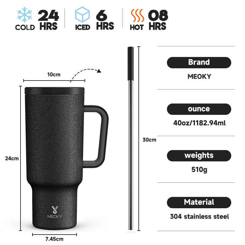 KIMLUD, Meoky 40oz Tumbler Handle Straw Thermos Cup Multiple Prints Stainless Steel Bottle Vacuum Insulated Car Mug Best Christmas Gifts, Black / 40oz 1182ml, KIMLUD APPAREL - Womens Clothes