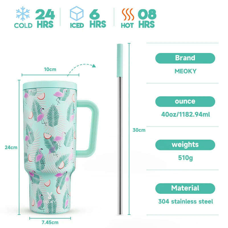 KIMLUD, Meoky 40oz Tumbler Handle Straw Thermos Cup Multiple Prints Stainless Steel Bottle Vacuum Insulated Car Mug Best Christmas Gifts, Blue Flamingo / 40oz 1182ml, KIMLUD APPAREL - Womens Clothes