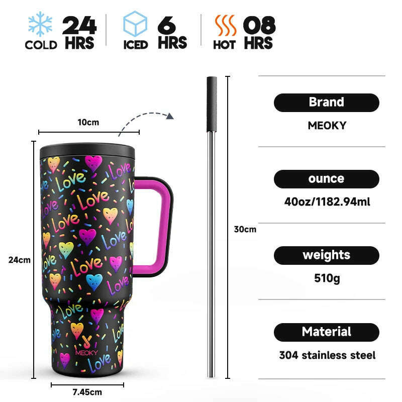 KIMLUD, Meoky Cup 40oz Large Tumbler Straw Cup with Lid leak-proof Sainless Steel Vacuum Insulated Car Mug Water Bottle Pride Month, Black Love / 40oz / United States, KIMLUD APPAREL - Womens Clothes