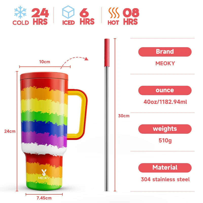 KIMLUD, Meoky Cup 40oz Large Tumbler Straw Cup with Lid leak-proof Sainless Steel Vacuum Insulated Car Mug Water Bottle Pride Month, Rainbow / 40oz / United States, KIMLUD APPAREL - Womens Clothes