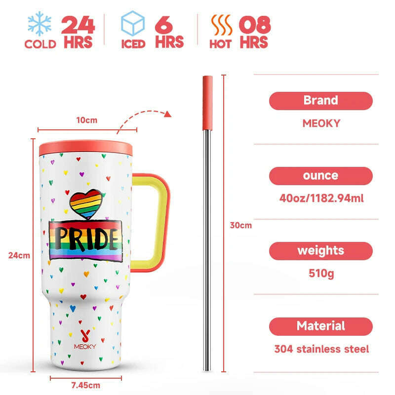 KIMLUD, Meoky Cup 40oz Large Tumbler Straw Cup with Lid leak-proof Sainless Steel Vacuum Insulated Car Mug Water Bottle Pride Month, white / 40oz / United States, KIMLUD APPAREL - Womens Clothes