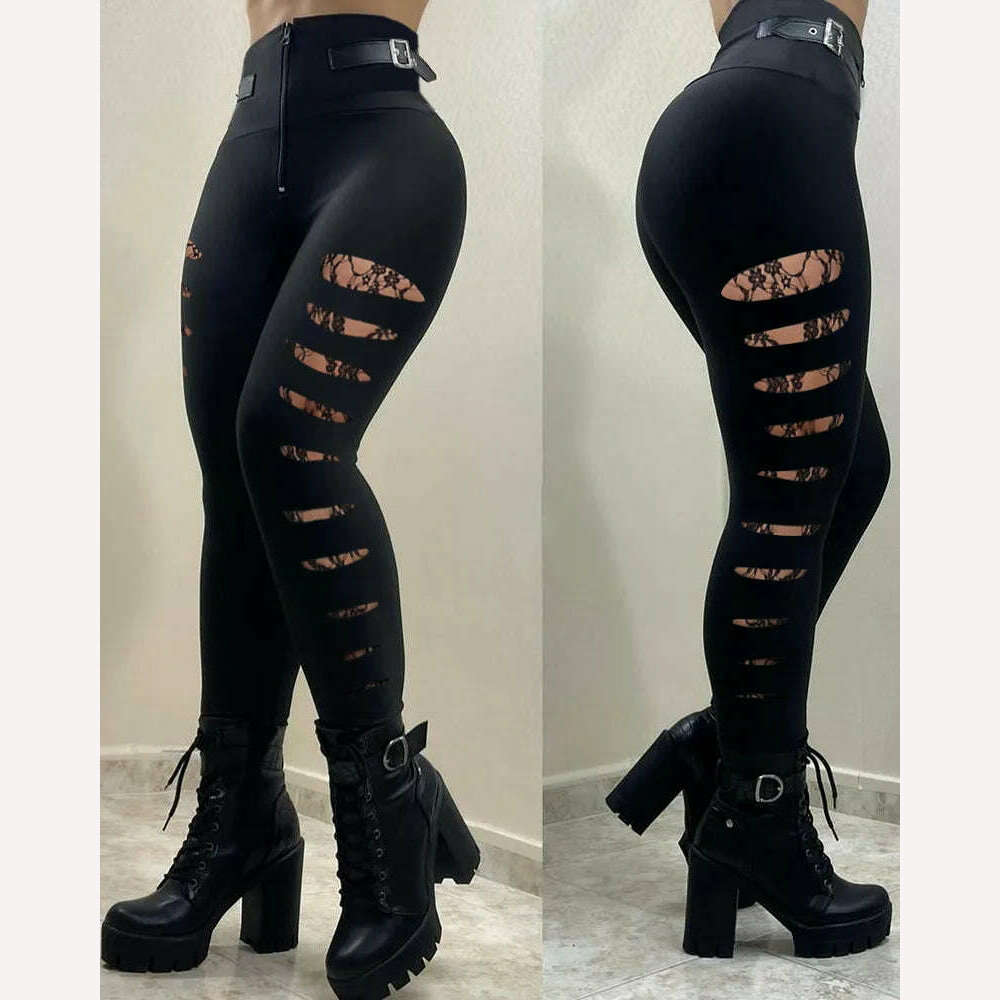 KIMLUD, Mesh Patch Buckled High Waist Pants Women Black Solid Color Sexy Fashion Casual Ankle Length Pencil Pants, LZQ7686 / S, KIMLUD APPAREL - Womens Clothes