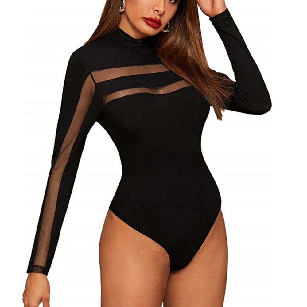 KIMLUD, Mesh See Through Sexy Bodysuit Women Long Sleeve Round Neck Skinny Backless Patchwork Slim High Waist Wild Slim Rompers, KIMLUD Womens Clothes