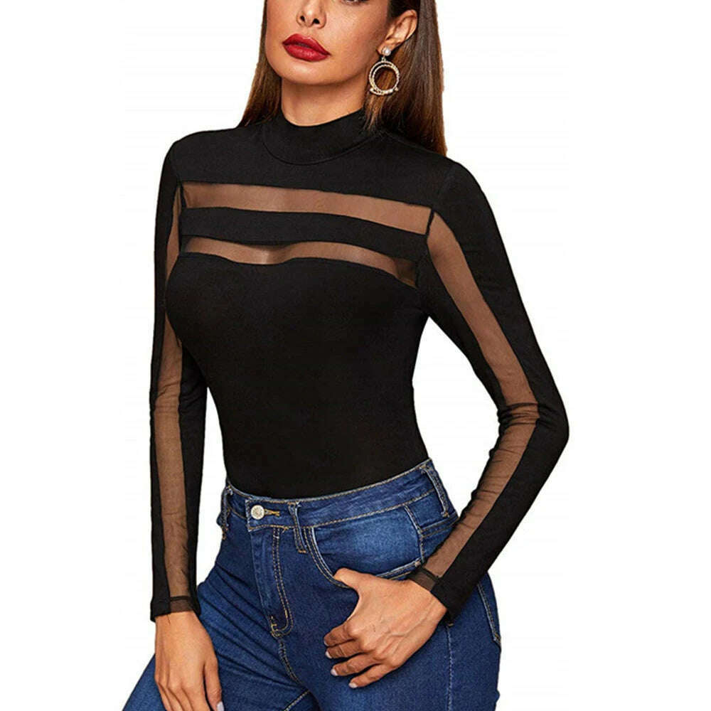 KIMLUD, Mesh See Through Sexy Bodysuit Women Long Sleeve Round Neck Skinny Backless Patchwork Slim High Waist Wild Slim Rompers, KIMLUD Womens Clothes