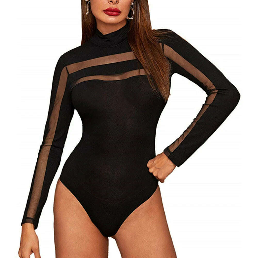 KIMLUD, Mesh See Through Sexy Bodysuit Women Long Sleeve Round Neck Skinny Backless Patchwork Slim High Waist Wild Slim Rompers, C / S, KIMLUD APPAREL - Womens Clothes