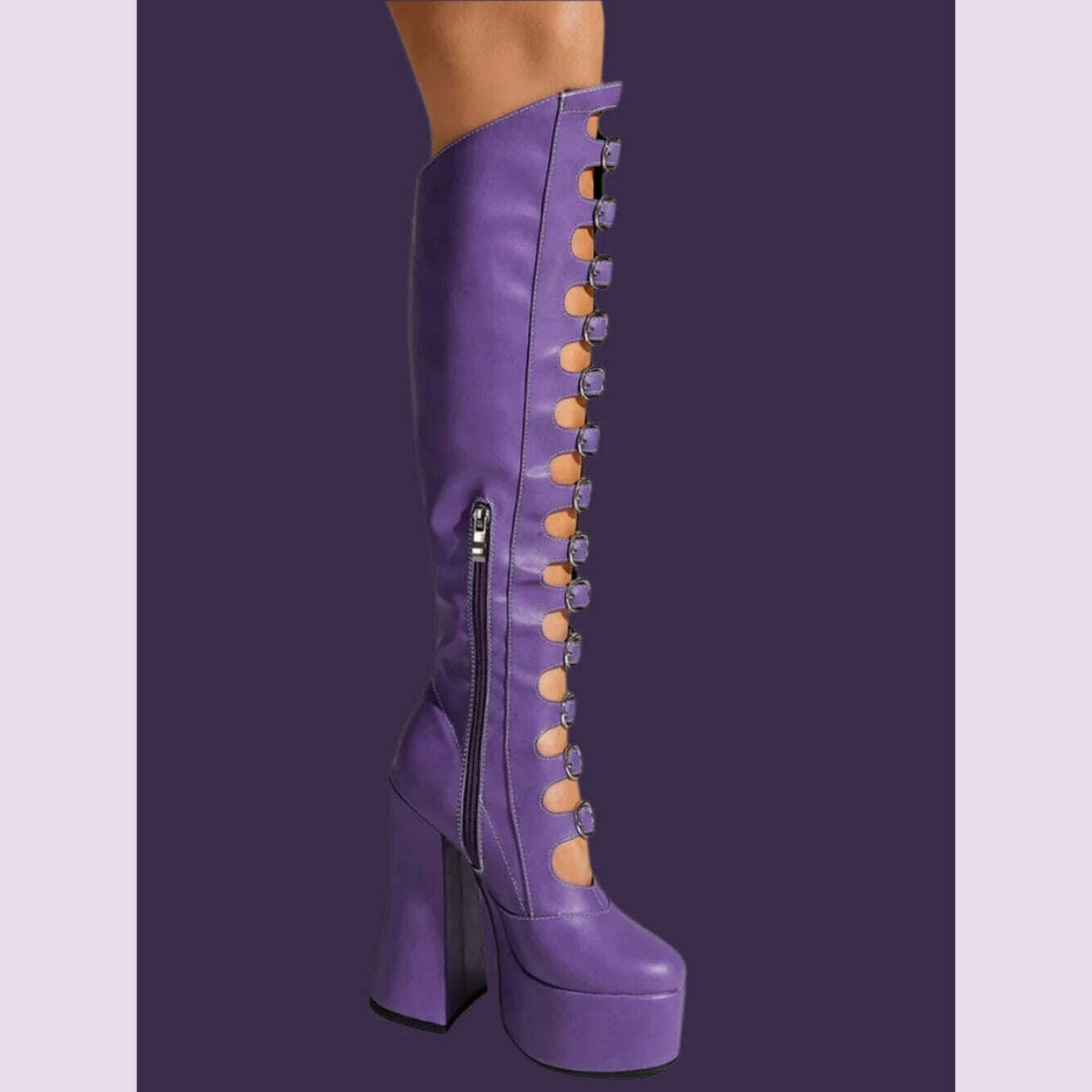 Metal Buckle Knee High Boots Hollow Large Size Round Toe Side Zipper Platform Women Boots Spring Autumn Punk Fashion Boots - KIMLUD