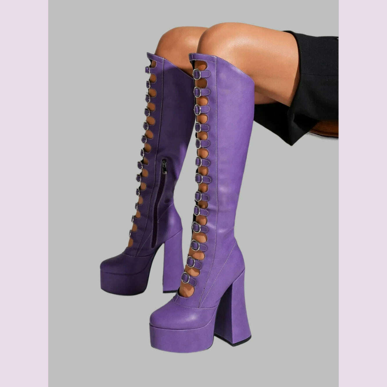 Metal Buckle Knee High Boots Hollow Large Size Round Toe Side Zipper Platform Women Boots Spring Autumn Punk Fashion Boots - KIMLUD