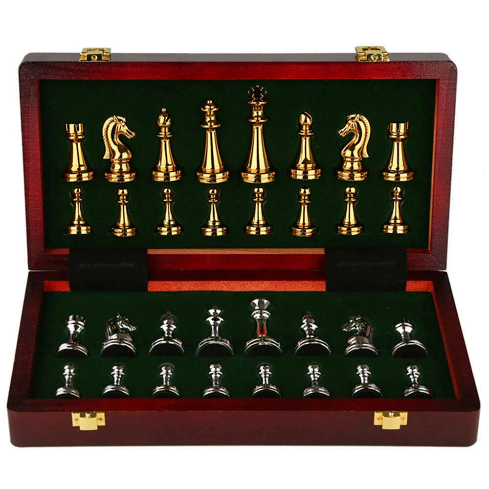 Metal Medieval Chess Set with High Quality Wooden Chessboard Adult and Children 32 Metal Chess Pieces Family Game Toy Gift - KIMLUD