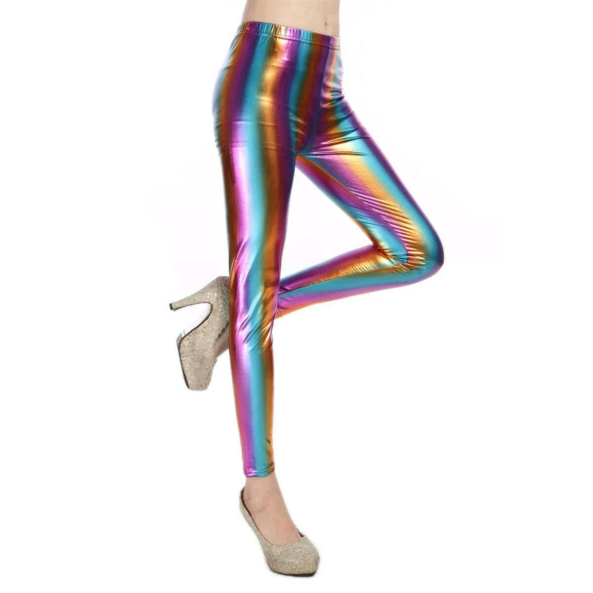 Metallic Color PU Leggings Women Faux Leather Pants Dancing Party Pant Sexy Night Club Skinny Costume Pants Tight Trousers - KIMLUD