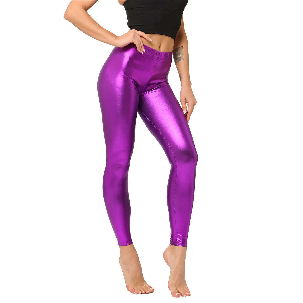 KIMLUD, Metallic Color PU Leggings Women Faux Leather Pants Dancing Party Pant Sexy Night Club Skinny Costume Pants Tight Trousers, Purple / X-Plus (60 kg-70 kg), KIMLUD APPAREL - Womens Clothes