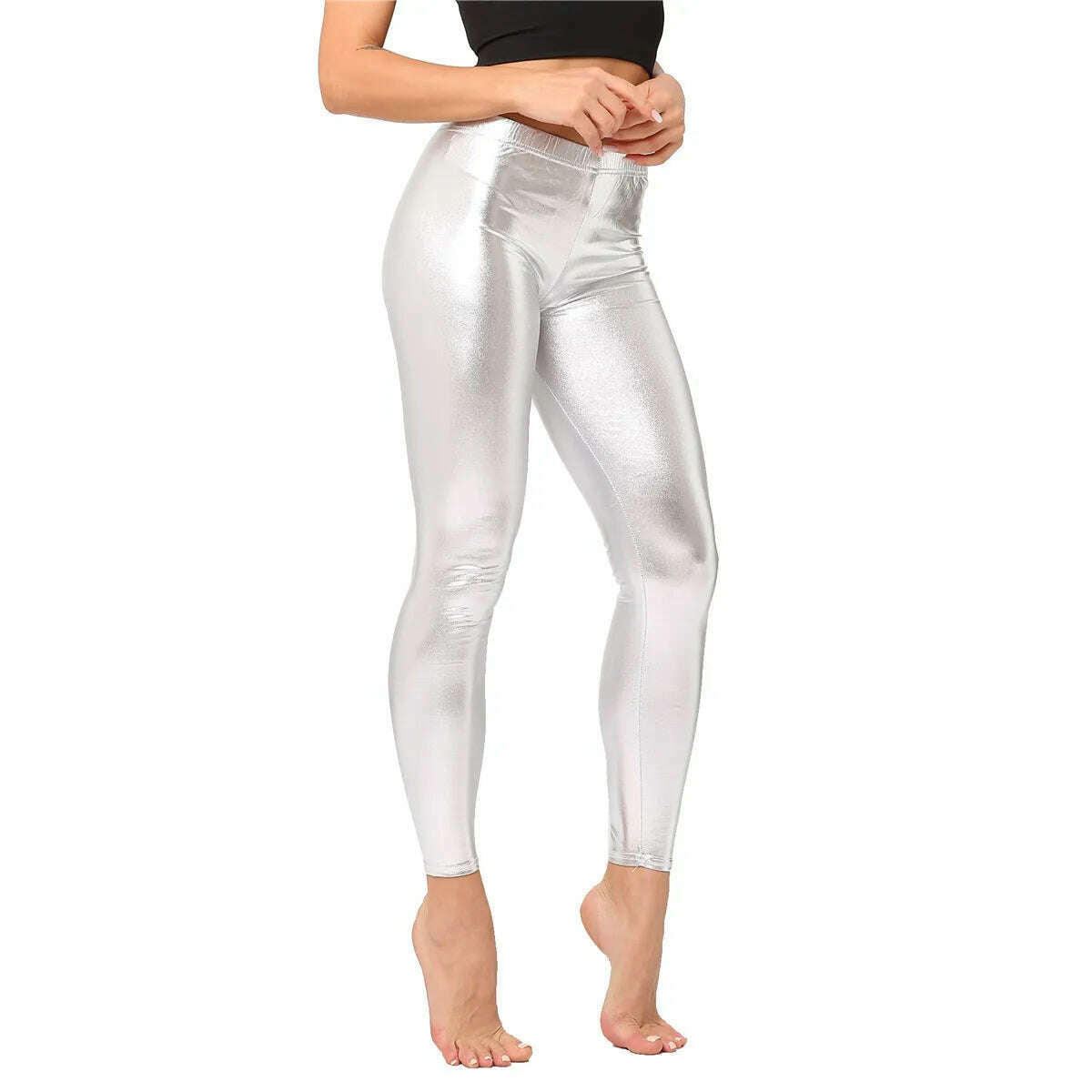 Metallic Color PU Leggings Women Faux Leather Pants Dancing Party Pant Sexy Night Club Skinny Costume Pants Tight Trousers - KIMLUD