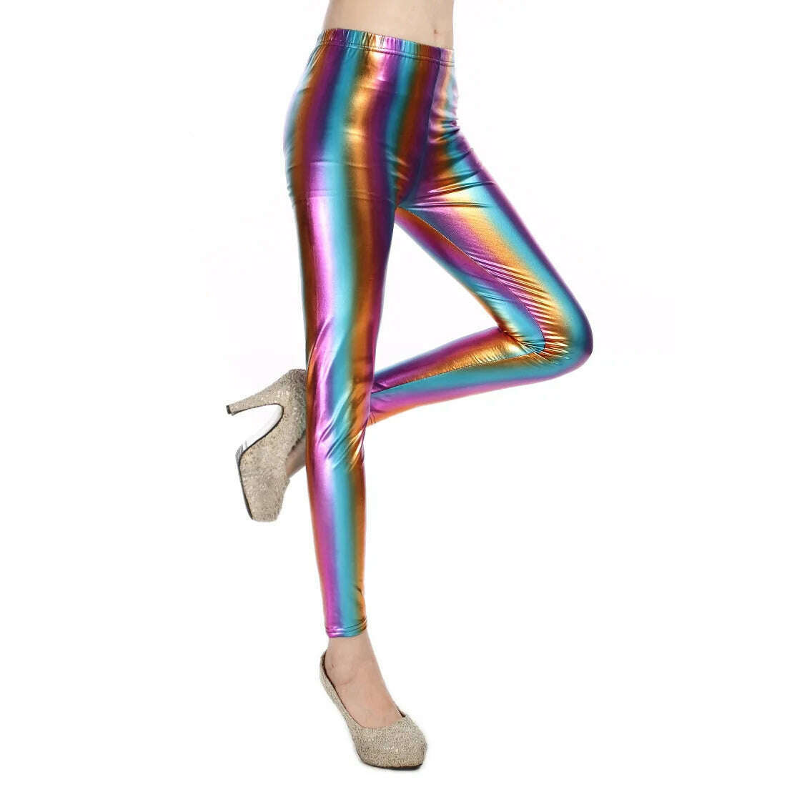 KIMLUD, Metallic Color PU Leggings Women Faux Leather Pants Dancing Party Pant Sexy Night Club Skinny Costume Pants Tight Trousers, Rainbow / One size 50kg below, KIMLUD APPAREL - Womens Clothes