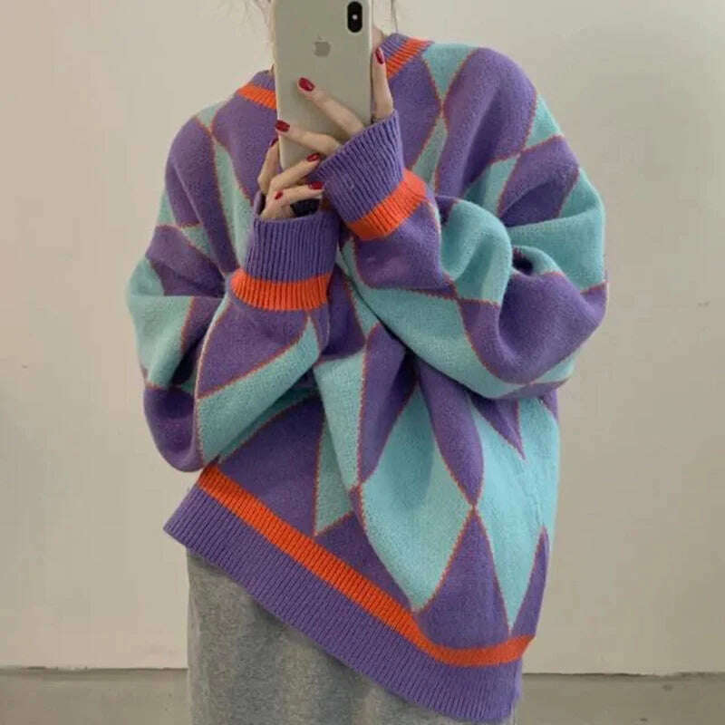 KIMLUD, MEXZT Streetwear Argyle Sweater Women Oversized Plaid Knitted Pullovers Vintage Korean Loose Knitwear Harajuku Casual Jumper New, KIMLUD Womens Clothes