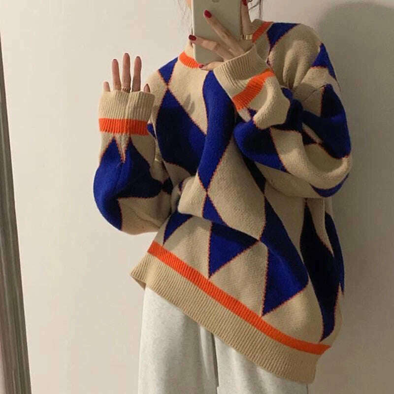 KIMLUD, MEXZT Streetwear Argyle Sweater Women Oversized Plaid Knitted Pullovers Vintage Korean Loose Knitwear Harajuku Casual Jumper New, Navy Blue / S, KIMLUD APPAREL - Womens Clothes