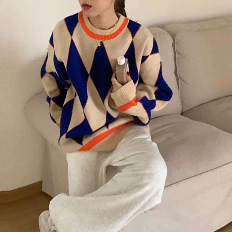 KIMLUD, MEXZT Streetwear Argyle Sweater Women Oversized Plaid Knitted Pullovers Vintage Korean Loose Knitwear Harajuku Casual Jumper New, KIMLUD Womens Clothes