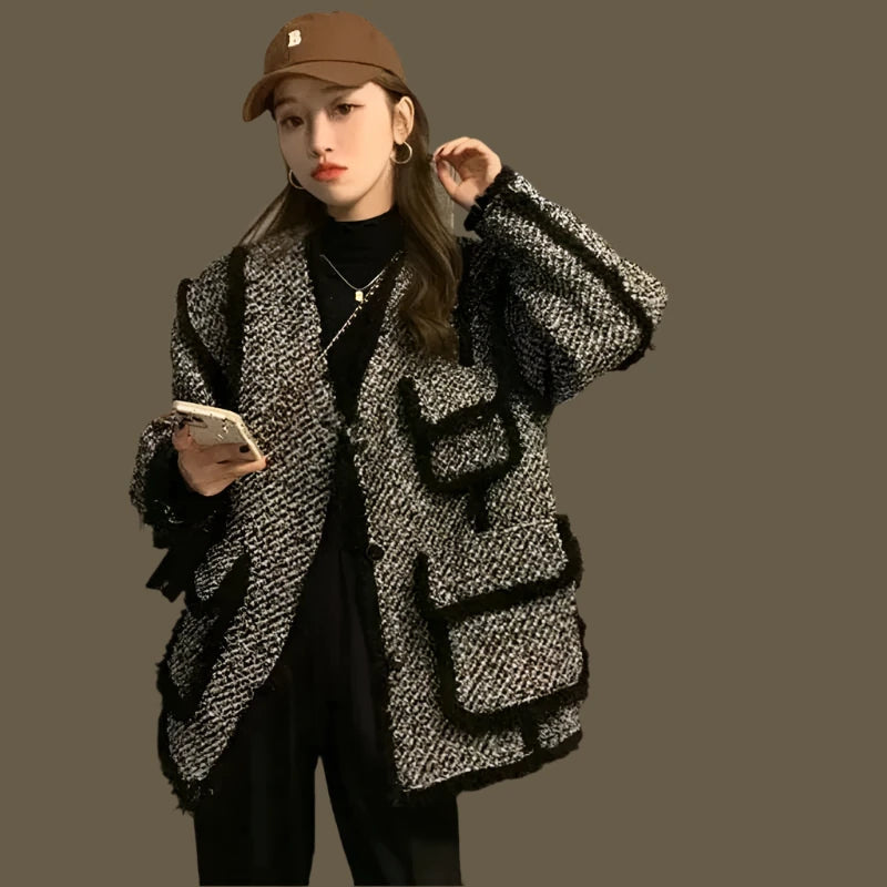 KIMLUD, MEXZT Vintage Tweed Jackets Women Black Patchwork Thick Coats Korean Elegant Wool Blends Winter Streetwear Casual Outerwear Tops, Black Thick / S, KIMLUD APPAREL - Womens Clothes