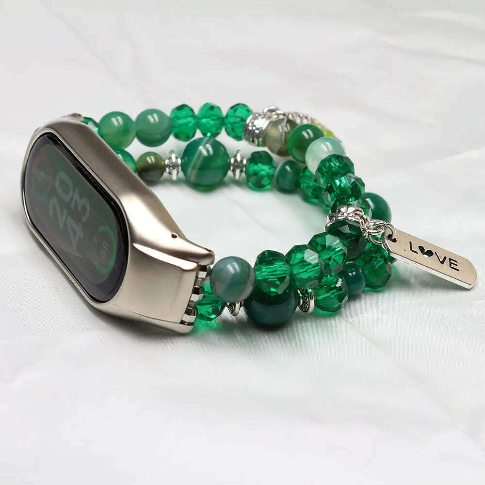 Mi band 7 strap green bracelet for Xiaomi mi band 7 bands for woman luxury agate crystal beads elastic watchband dressy Luxury - KIMLUD