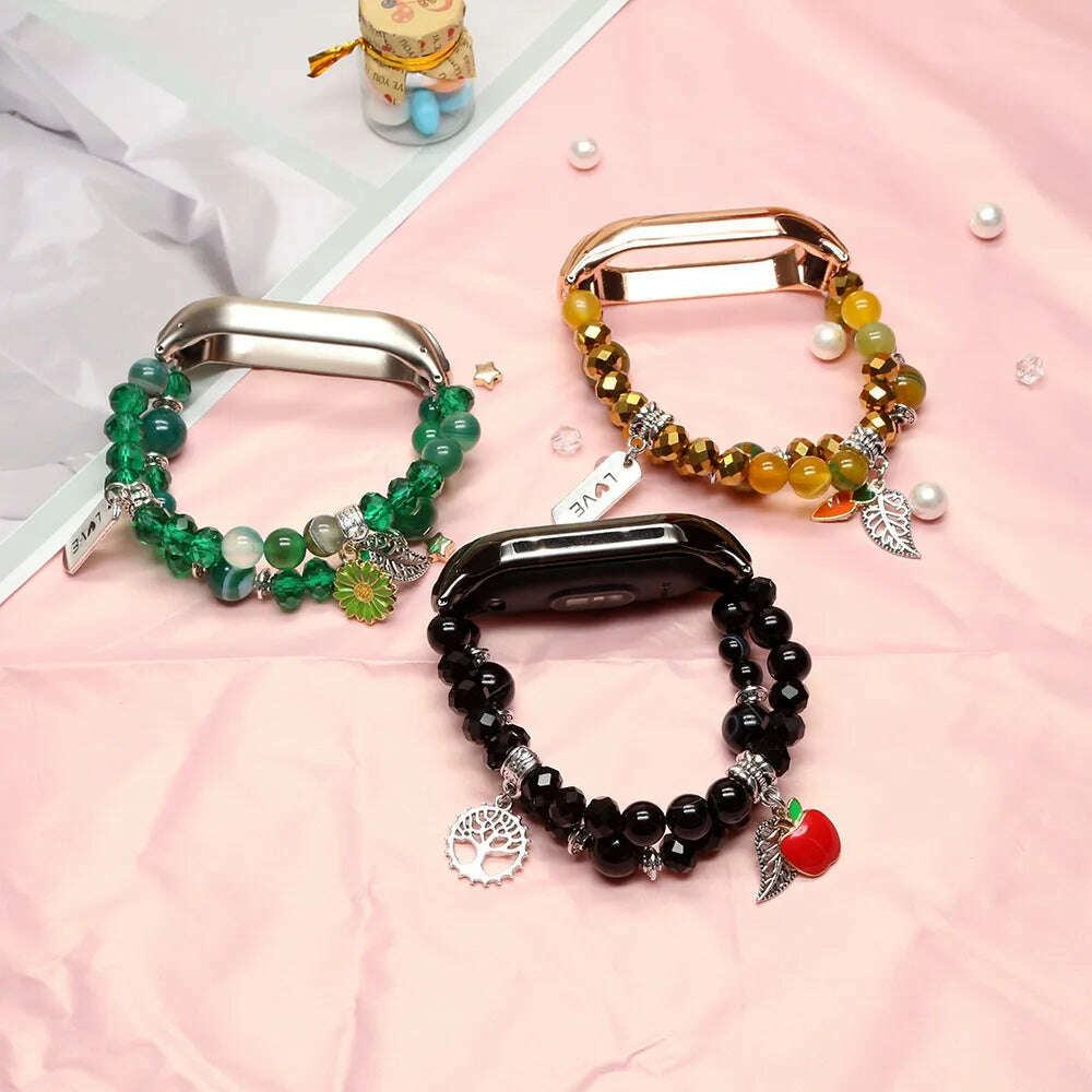 Mi band 7 strap green bracelet for Xiaomi mi band 7 bands for woman luxury agate crystal beads elastic watchband dressy Luxury - KIMLUD