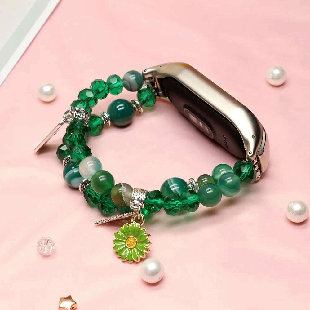 Mi band 7 strap green bracelet for Xiaomi mi band 7 bands for woman luxury agate crystal beads elastic watchband dressy Luxury - KIMLUD