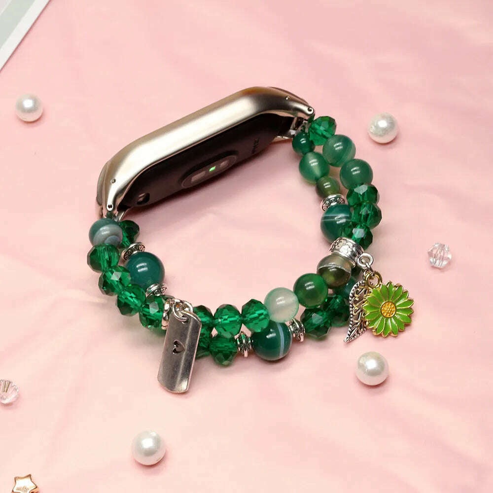 Mi band 7 strap green bracelet for Xiaomi mi band 7 bands for woman luxury agate crystal beads elastic watchband dressy Luxury - KIMLUD