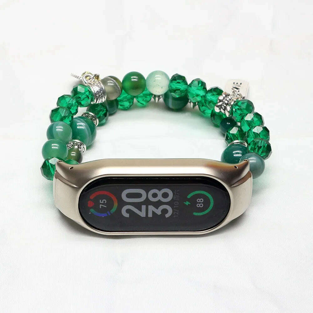 Mi band 7 strap green bracelet for Xiaomi mi band 7 bands for woman luxury agate crystal beads elastic watchband dressy Luxury - KIMLUD