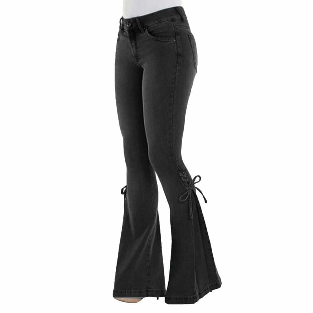 KIMLUD, Mid Waisted Stretch Flare Jeans Women Denim Pants Wide Leg Butt-lifted Casual Korean Style Skinny Bell Bottom Pocket Trousers, Black 1 / S, KIMLUD APPAREL - Womens Clothes