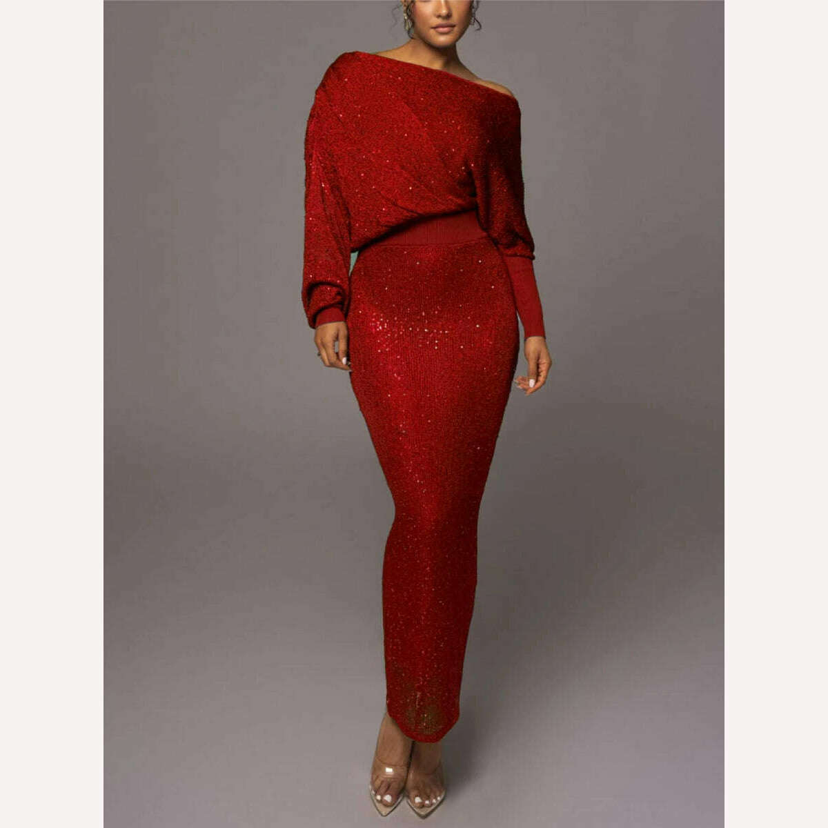 KIMLUD, Mikydely Autumn New Elegant Off The Shoulder Knitted  Dress Woman Long sleeve Festive Dress, red / S, KIMLUD APPAREL - Womens Clothes