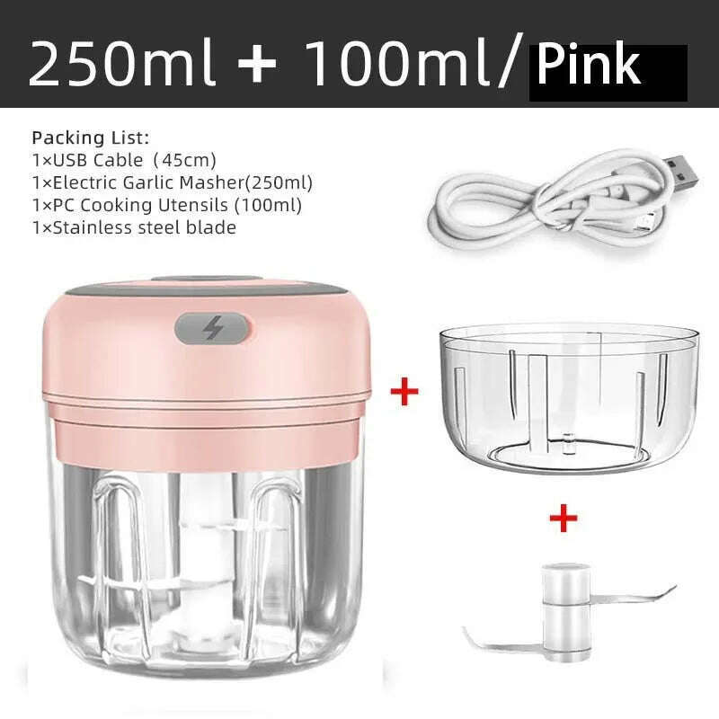 Mini Wireless Electric Garlic Crusher 100ml/250ml Portable Chopper USB Charging Ginger Chili Vegetable Masher Machine Kitchen - KIMLUD