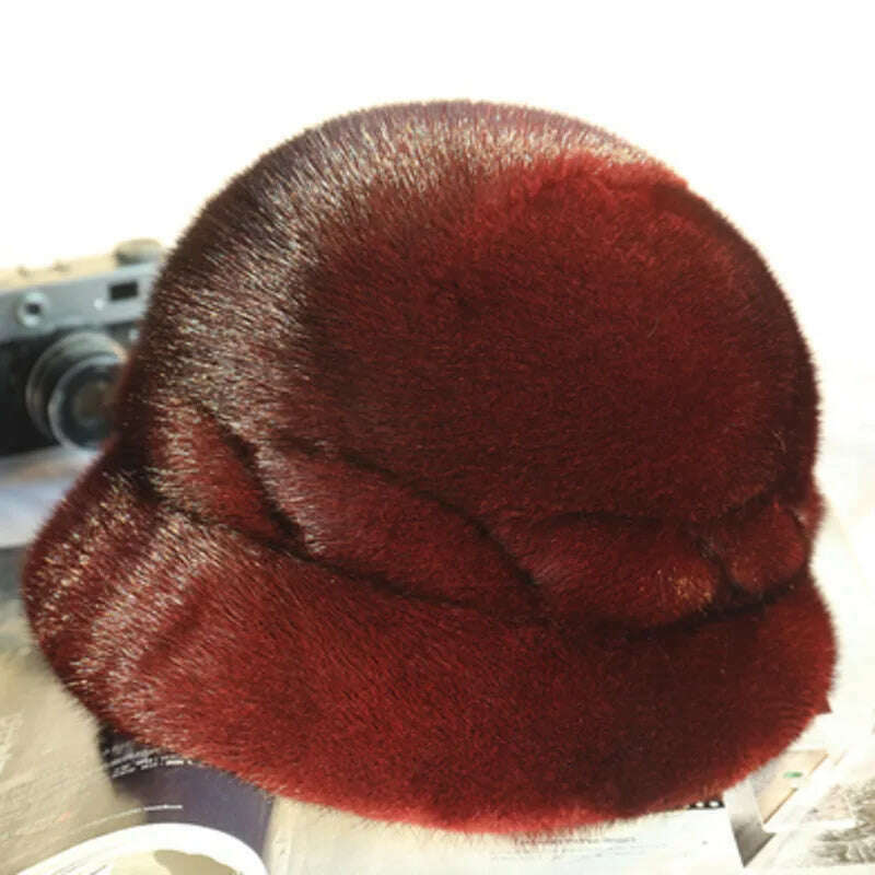 KIMLUD, Mink Fur Hats Whole Mink Fur Cap Real Natural Mink Fur Ear Protection Fisherman Hat Female Fashion Warm Hat For Woman, Burgundy / One Size, KIMLUD APPAREL - Womens Clothes