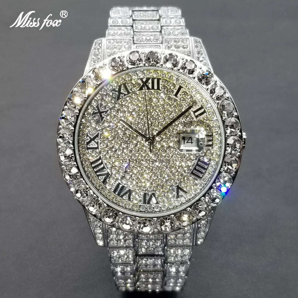 KIMLUD, MISSFOX Hip Hop Men Watches Brand Luxury Roman Ice Out Automatic Date Male Wristwatch Full Diamond Waterproof Luminous Watch New, 2643 Silver / Yes / CHINA, KIMLUD APPAREL - Womens Clothes