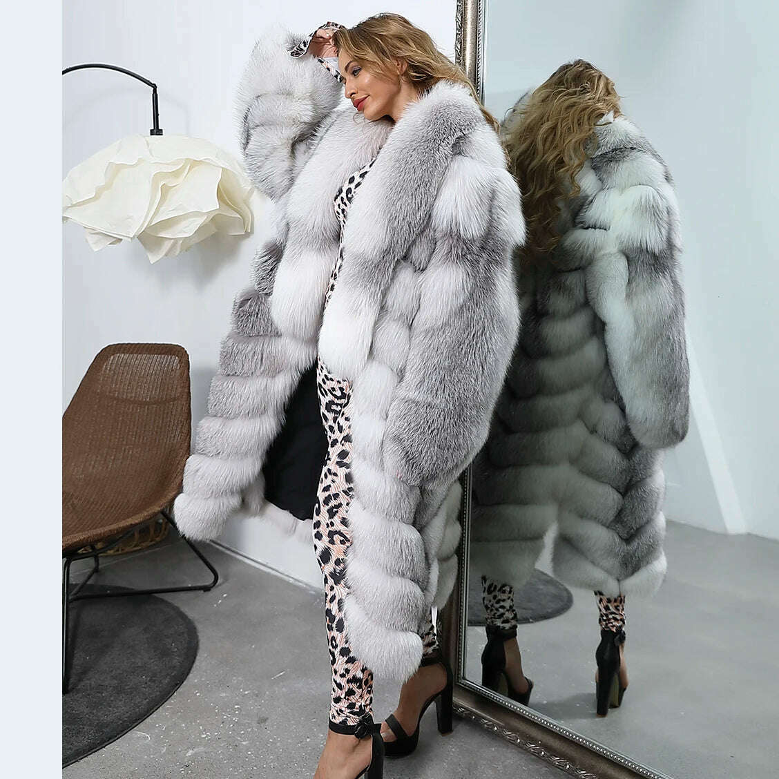 KIMLUD, MISSJANEFUR 2022 Luxury Crystal Fox Fur Coat Women Long over the Knee Warm Real Fur Overcoat Winter Women Outwear Natual Fur, KIMLUD Womens Clothes