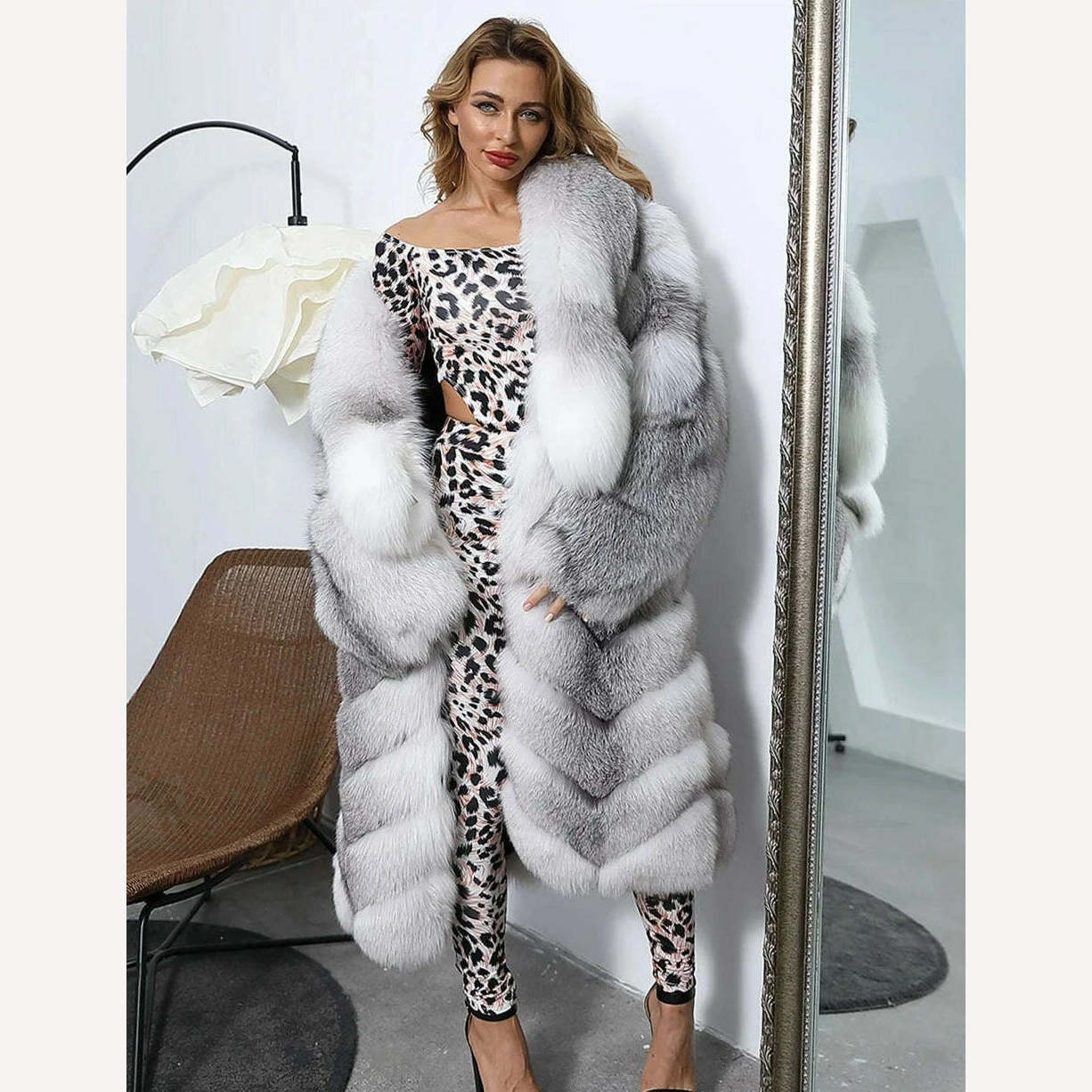 KIMLUD, MISSJANEFUR 2022 Luxury Crystal Fox Fur Coat Women Long over the Knee Warm Real Fur Overcoat Winter Women Outwear Natual Fur, silver fox / S(bust 100cm), KIMLUD APPAREL - Womens Clothes