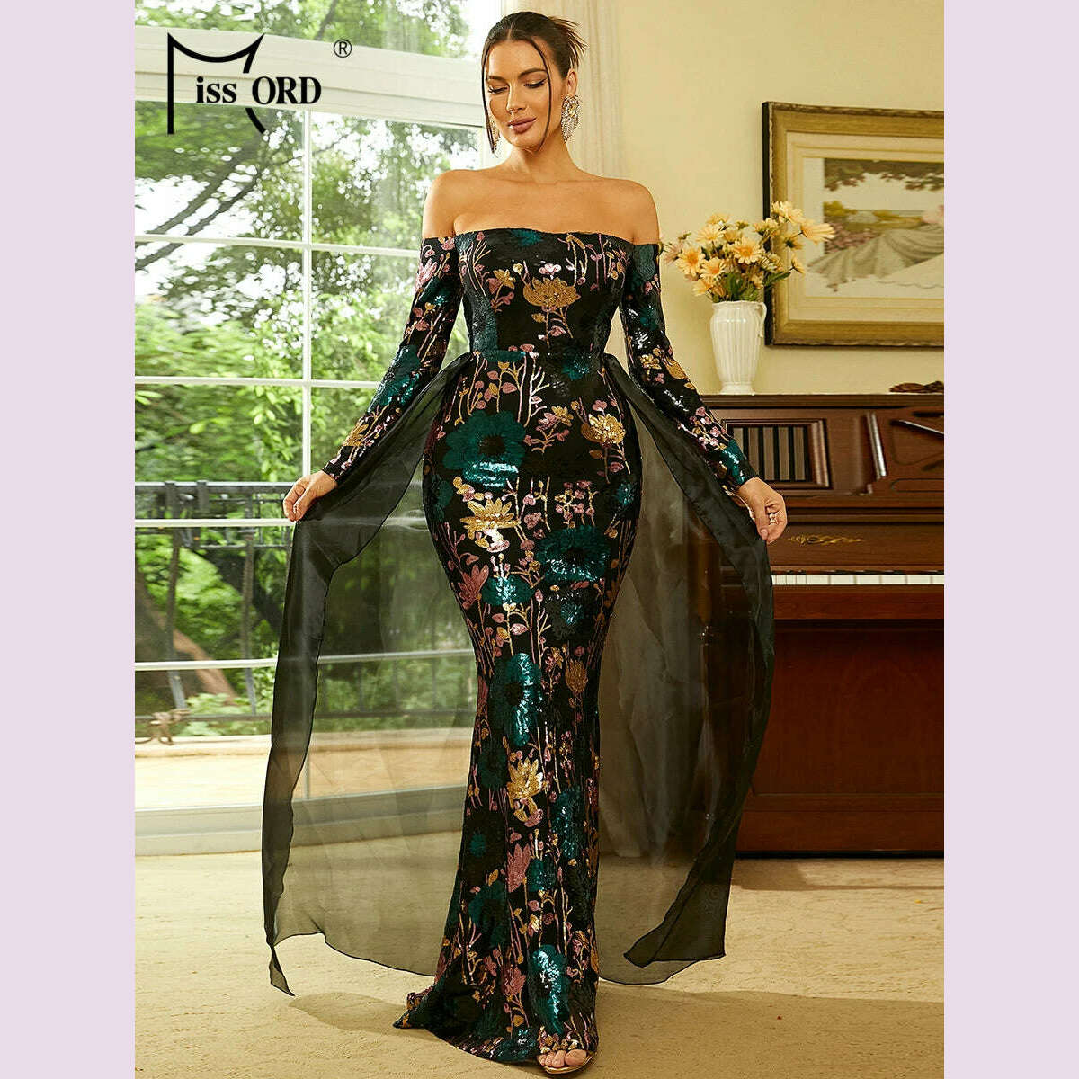 KIMLUD, Missord Floral Sequin Wedding Party Dress With Train Elegant Women Off Shoulder Long Sleeve Bodycon Evening Prom Dresses Gown, black / L, KIMLUD APPAREL - Womens Clothes