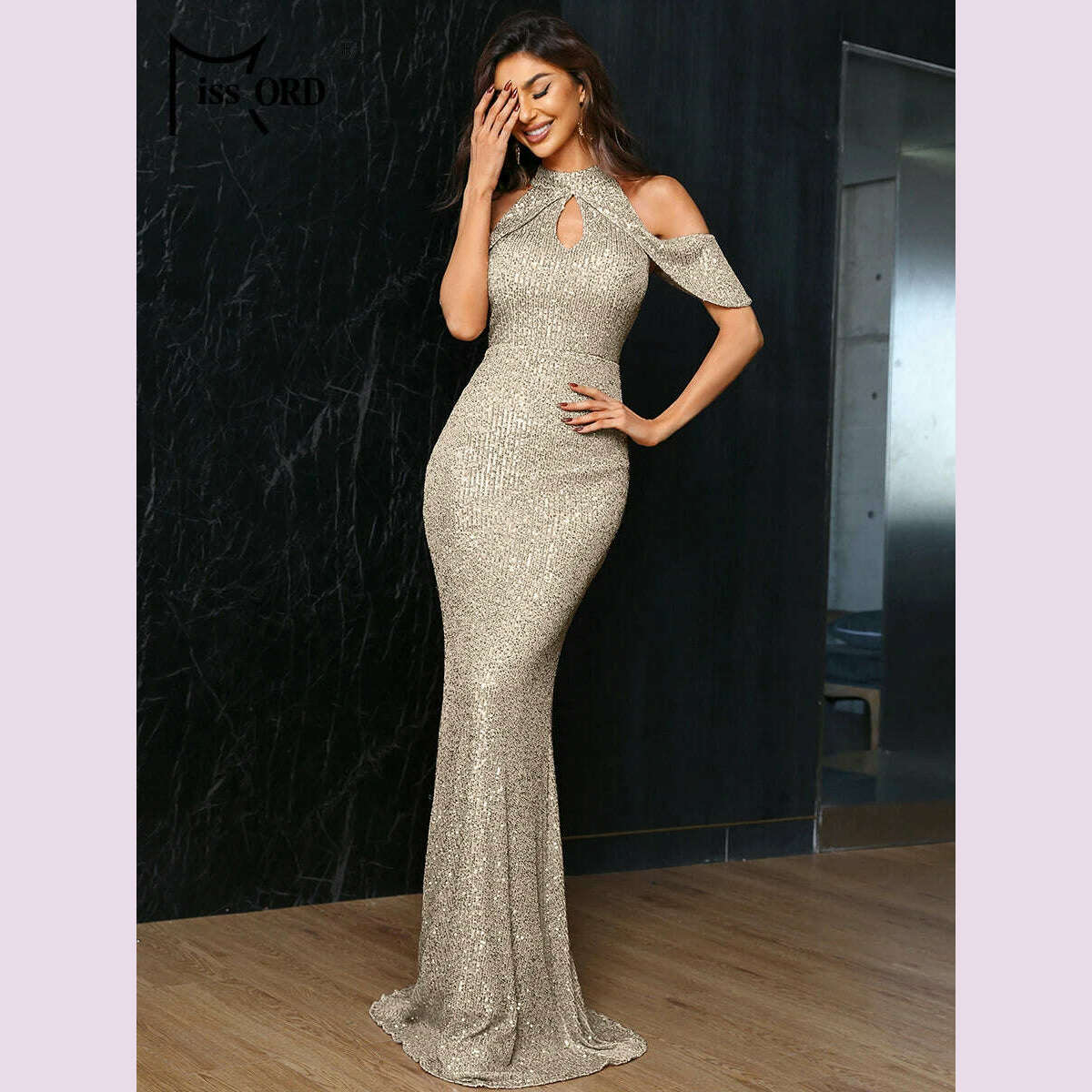 Missord Rose Gold Sequin Evening Dresses Women Elegant High Collar Raglan Sleeve Cut-Out Bodycon Maxi Party Dress Long Prom Gown - KIMLUD