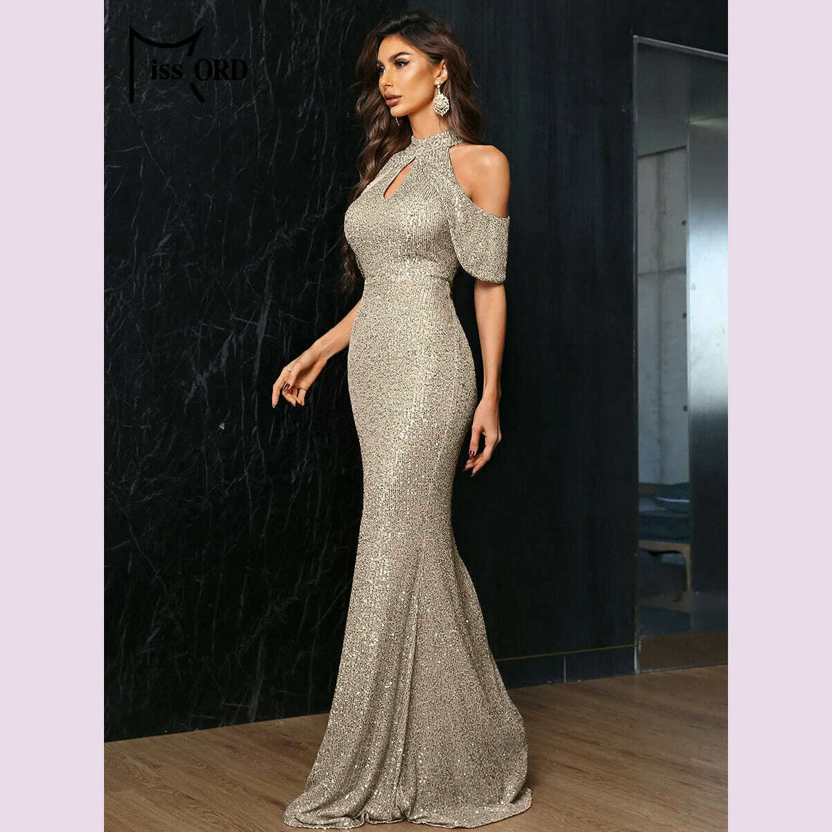 Missord Rose Gold Sequin Evening Dresses Women Elegant High Collar Raglan Sleeve Cut-Out Bodycon Maxi Party Dress Long Prom Gown - KIMLUD