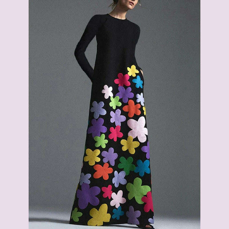 KIMLUD, Missuoo 2023 Spring New Women's Floral Printed Dress Round Neck Long Sleeves Loose Fit Casual Party Dresses for Adult Female, black / S, KIMLUD APPAREL - Womens Clothes