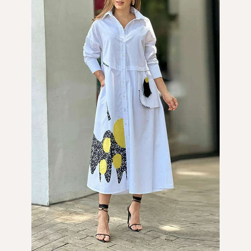 KIMLUD, Missuoo 2024 New Loose Fitting Shirt Dress for Women Lapel Long Sleeves Printed Casual Dress Spring Summer Streetwear Dresses, WHITE / S, KIMLUD APPAREL - Womens Clothes