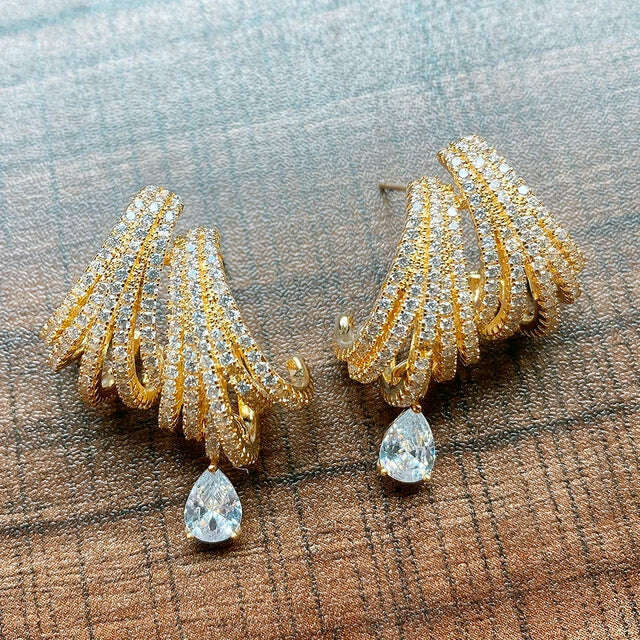 KIMLUD, Missvikki Luxury DOUBLE CLAWS STUD Earrings Trendy Cubic Zircon Indian Earrings for women Wedding Engagement JEWELRY GIFT, Gold, KIMLUD APPAREL - Womens Clothes