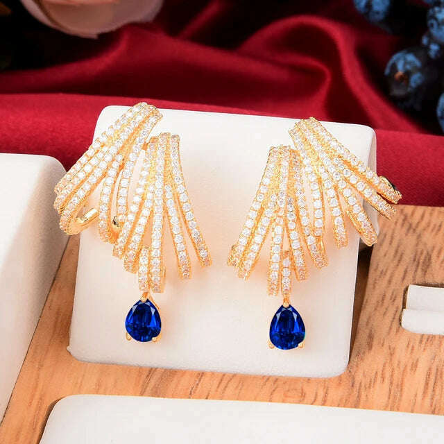 KIMLUD, Missvikki Luxury DOUBLE CLAWS STUD Earrings Trendy Cubic Zircon Indian Earrings for women Wedding Engagement JEWELRY GIFT, Gold Navy, KIMLUD APPAREL - Womens Clothes