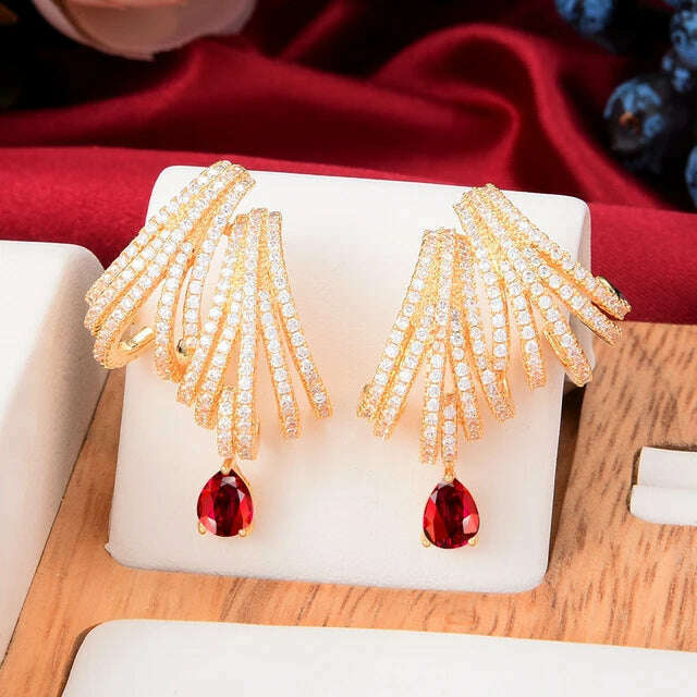 KIMLUD, Missvikki Luxury DOUBLE CLAWS STUD Earrings Trendy Cubic Zircon Indian Earrings for women Wedding Engagement JEWELRY GIFT, Gold Red, KIMLUD APPAREL - Womens Clothes