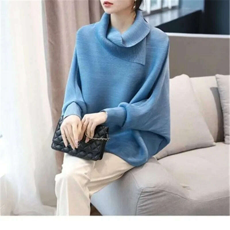 KIMLUD, Miyake Folds Fashion Temperament Lapel Bat Sleeve Solid Color Shirt Loose and Thin Western Style All-match Age Reduction Female, D / One Size, KIMLUD APPAREL - Womens Clothes