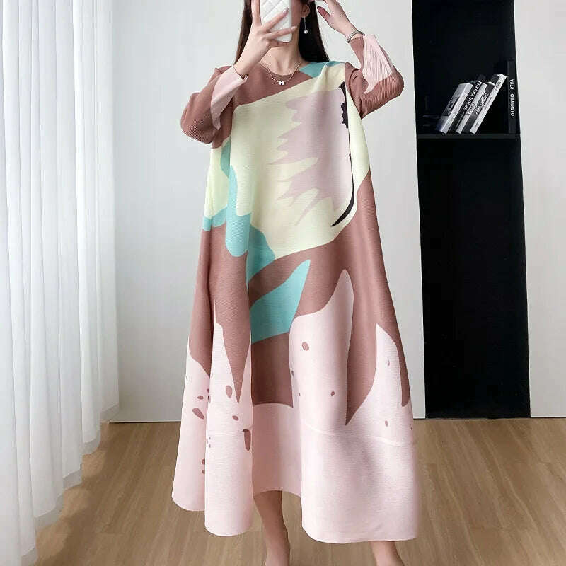 KIMLUD, Miyake Style Pleated Women Dress 2023 Summer Fashion Print Round Neck Loose Plus Size Casual A- Line Luxury New Evening Dresses, KIMLUD Womens Clothes