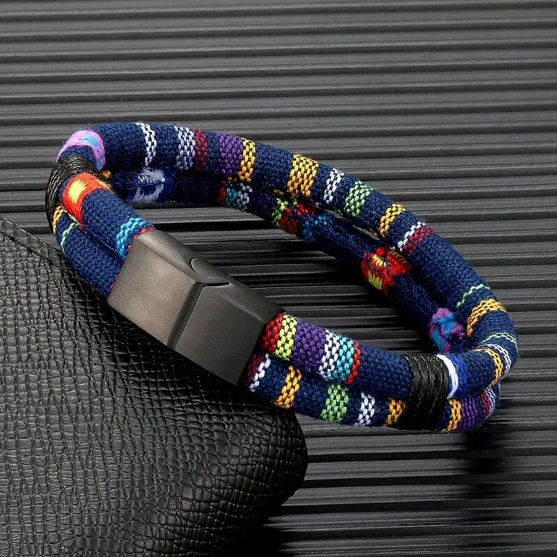 MKENDN Black Stainless Steel Surfer Waterproof Rope Bracelet Men Women Handmade Woven Double-Layer Design Beach Jewelry Gift - KIMLUD