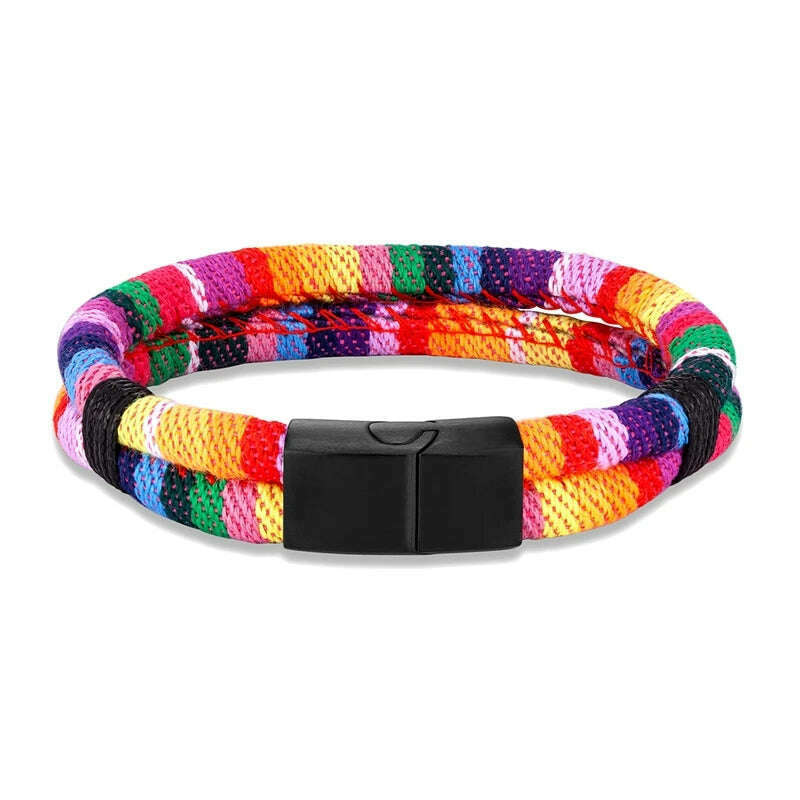 KIMLUD, MKENDN Black Stainless Steel Surfer Waterproof Rope Bracelet Men Women Handmade Woven Double-Layer Design Beach Jewelry Gift, Rainbow / 19cm, KIMLUD APPAREL - Womens Clothes