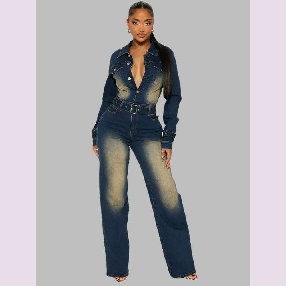 KIMLUD, Mlaiscsr Stretch Denim One Piece Jumpsuits with Belt Women Clothes Winter Long Sleeve Lapel Washed Jean Romper Birthday Overalls, dark blue jumpsuits / S, KIMLUD APPAREL - Womens Clothes