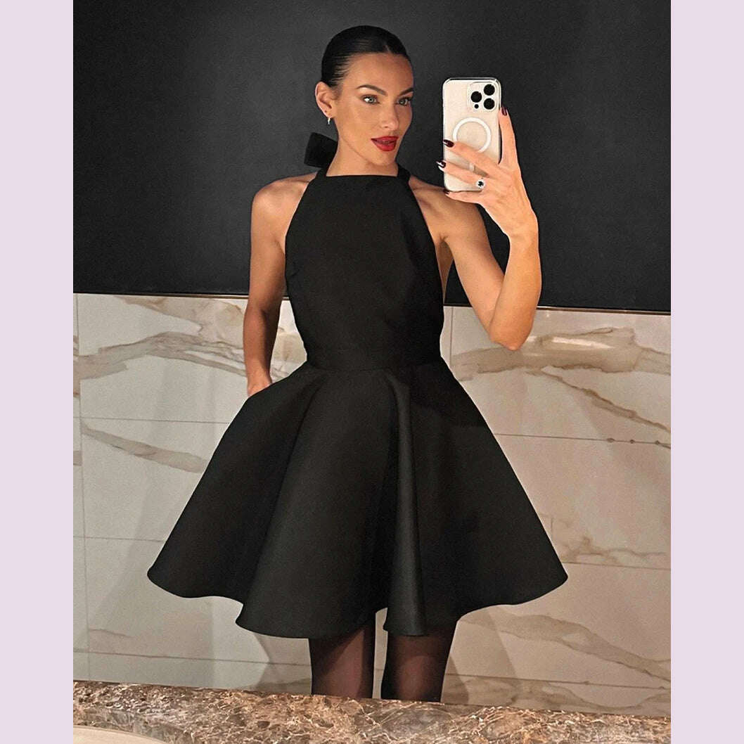 Mnealways18 Party Black A-Line Satin Dress For Women Halter Neck Backless Sexy Evening Dress Summer 2024 Pockets Mini Dress Lady - KIMLUD